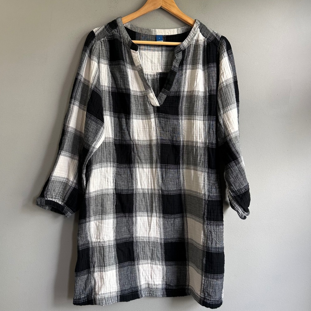 Old Navy Black White Plaid Cotton Gauze Tunic Top Dress XL Split Neck Pockets
